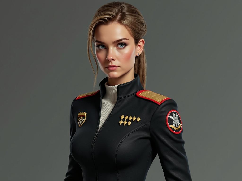 The image features a realistic sci-fi military character who is 30 years old, tall, and athletic. She has sandy brown hair styled neatly, darker eyebrows, and striking blue-green eyes. The character is dressed in a well-tailored black military uniform made of a tough synthetic fabric that is not a bodysuit. Instead, she wears a fitted jacket over a white knit shirt with a flat collar, coupled with matching pants. The jacket is adorned with round patches on both shoulders where red stripes meet. The patch on her right shoulder displays a white sword over a gold shield, while the left shoulder showcases a three-headed gray wolf, both patches maintaining a simple design. On her right breast, four gold diamonds signify her rank as Captain, and on the left breast is a small gold shield-shaped comm badge featuring a white sword.