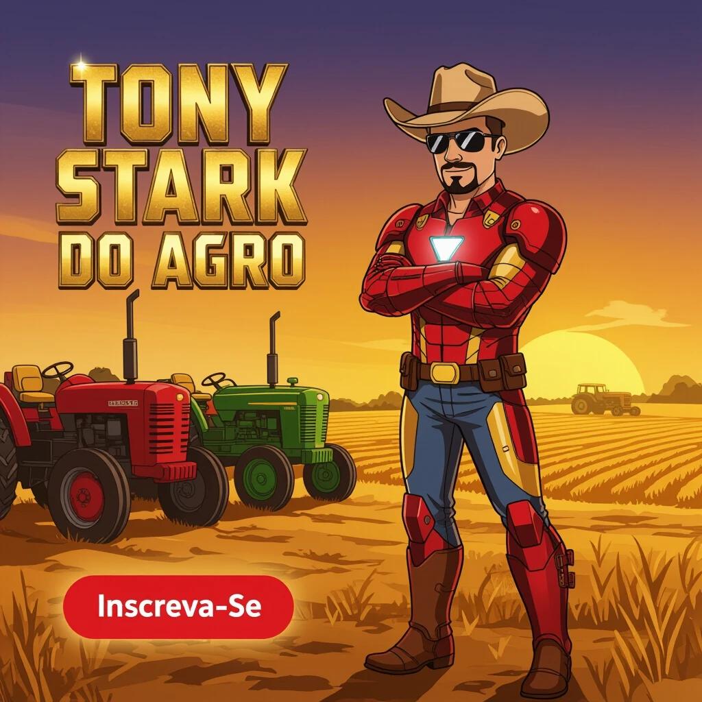 Digital illustration of a Brazilian farmer as Tony Stark. Character in red and gold armored suit with rural details like plaid shirt texture and straw cowboy hat. Standing confidently with tractors and golden hour sky in the background. Includes bold text and glowing button for YouTube.