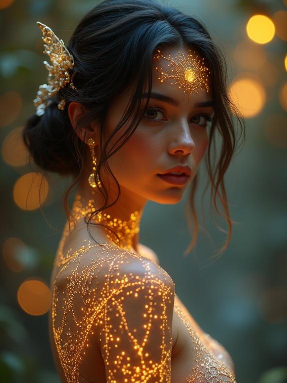 A beautiful woman with bioluminescent tattoos that glow softly. Her hair is styled in waves with gold accents. She wears high heels. The background features a bokeh effect.