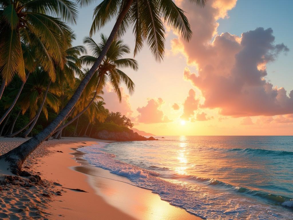 Real photo of a breathtaking tropical beach scene. Swaying palm trees line the shore, creating a picturesque backdrop. The sunset casts a mesmerizing glow over the ocean, changing its colors to warm shades of orange and pink. Gentle waves lap against the sandy beach, adding a sense of tranquility. Fluffy clouds scatter across the sky, reflecting the sunlight beautifully. The peaceful atmosphere is perfect for relaxation and enjoyment of nature.