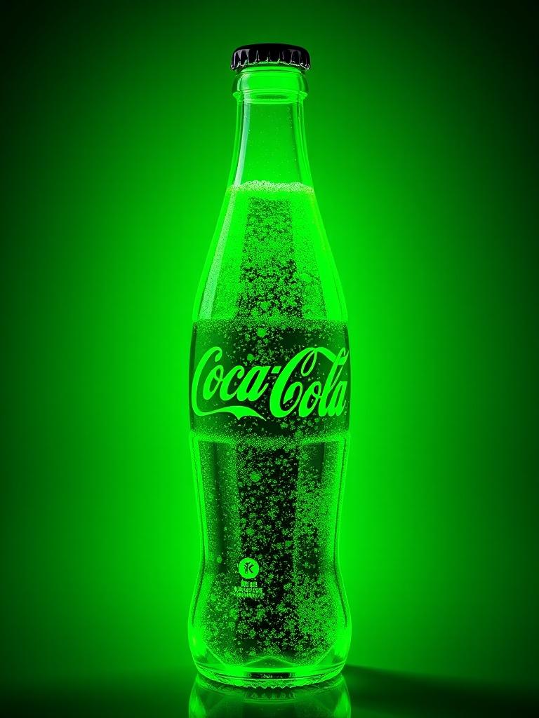 This image features a classic Coca-Cola glass bottle strikingly illuminated in a vivid green hue. The effervescence within the bottle is emphasized by the bright green lighting, creating a visually vibrant atmosphere. The use of green tones transforms the iconic bottle into a modern and fresh interpretation, highlighting the refreshing nature of the beverage.