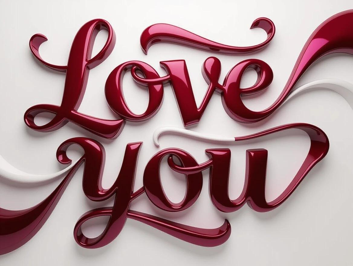 3D text saying 'Love You' designed with a smooth glossy appearance. Features a gradient from deep red to black to light grey against a white background. Focus on curved, flowing forms and shadows for depth. Abstract and modern style.