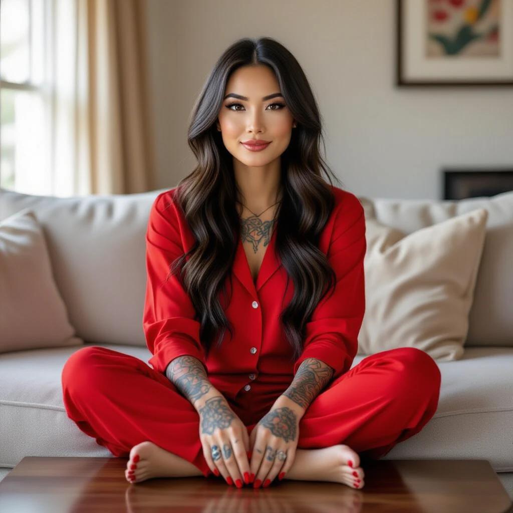 Asian woman with long black hair and brown eyes wearing red pajamas seated on a couch. Soles and bare feet on a table. Stylish toe ring. Tattoos adorn her hands. Colorful decor in background.