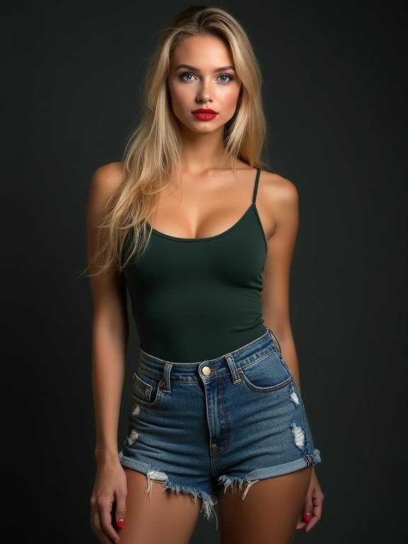 Image of a young woman posed confidently in a three-quarter view. She has blonde hair and striking features. Wearing dark green tank top and distressed denim shorts. Studio lighting highlights her figure. Background is dark gray or black to enhance contrast.
