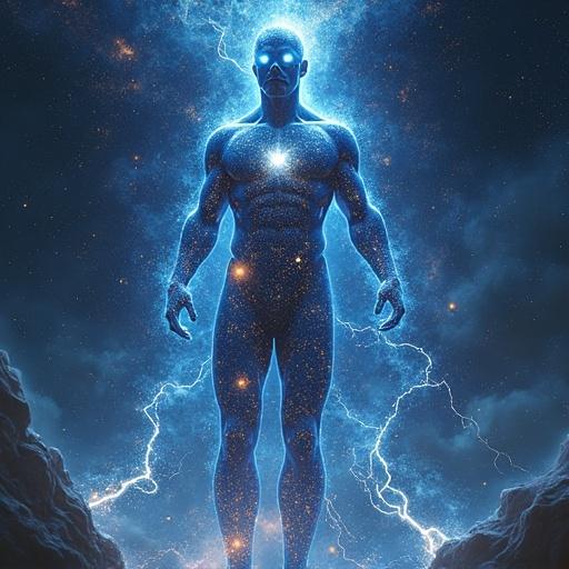 A towering humanoid figure represents Eternity, a cosmic entity from Marvel Comics. The figure is filled with galaxies, stars, and nebulae. Body is transparent with a star-filled silhouette. Surrounded by cosmic voids and glowing energy. Dark space background enhances the epic cosmic realism.