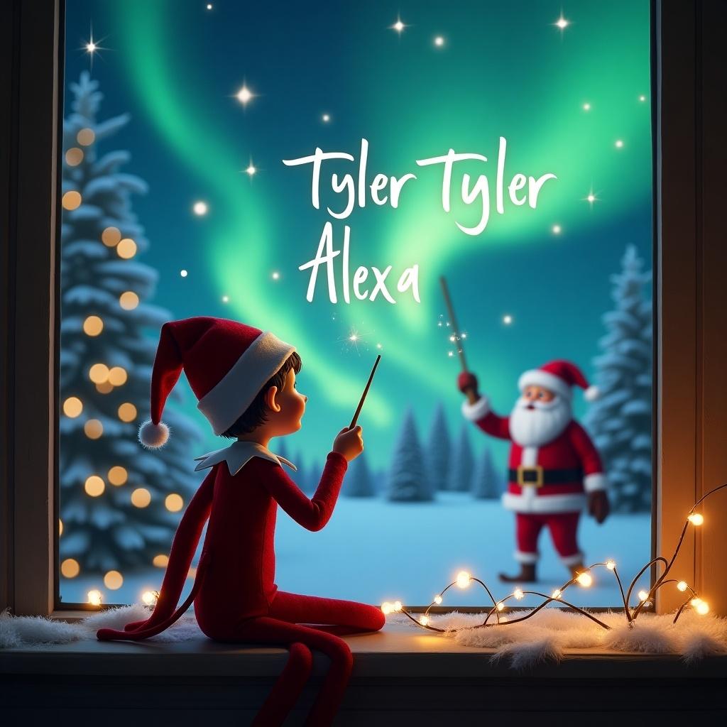 This image features an Elf on the Shelf sitting with its back to the viewer. The elf is facing a beautiful winter sky illuminated by northern lights, using a wand to write the names 'Tyler' and 'Alexa' in shimmering letters. In the background, Santa Claus is depicted, adding to the festive atmosphere. The scene is set in a snowy landscape, creating a magical Christmas feeling. Twinkling lights decoratively frame the elf, enhancing the holiday charm of the image.