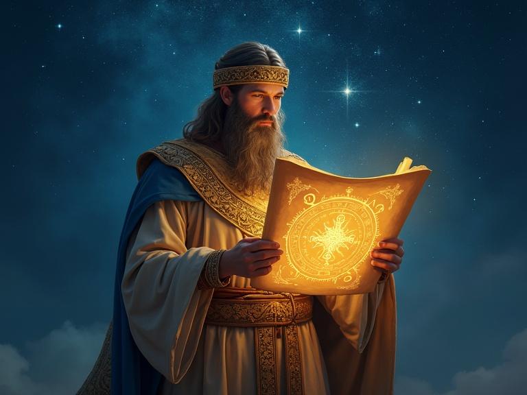 Enoch under a starry sky holds a glowing scroll with celestial symbols. The scene is depicted in a symbolic style featuring deep blue and golden tones.