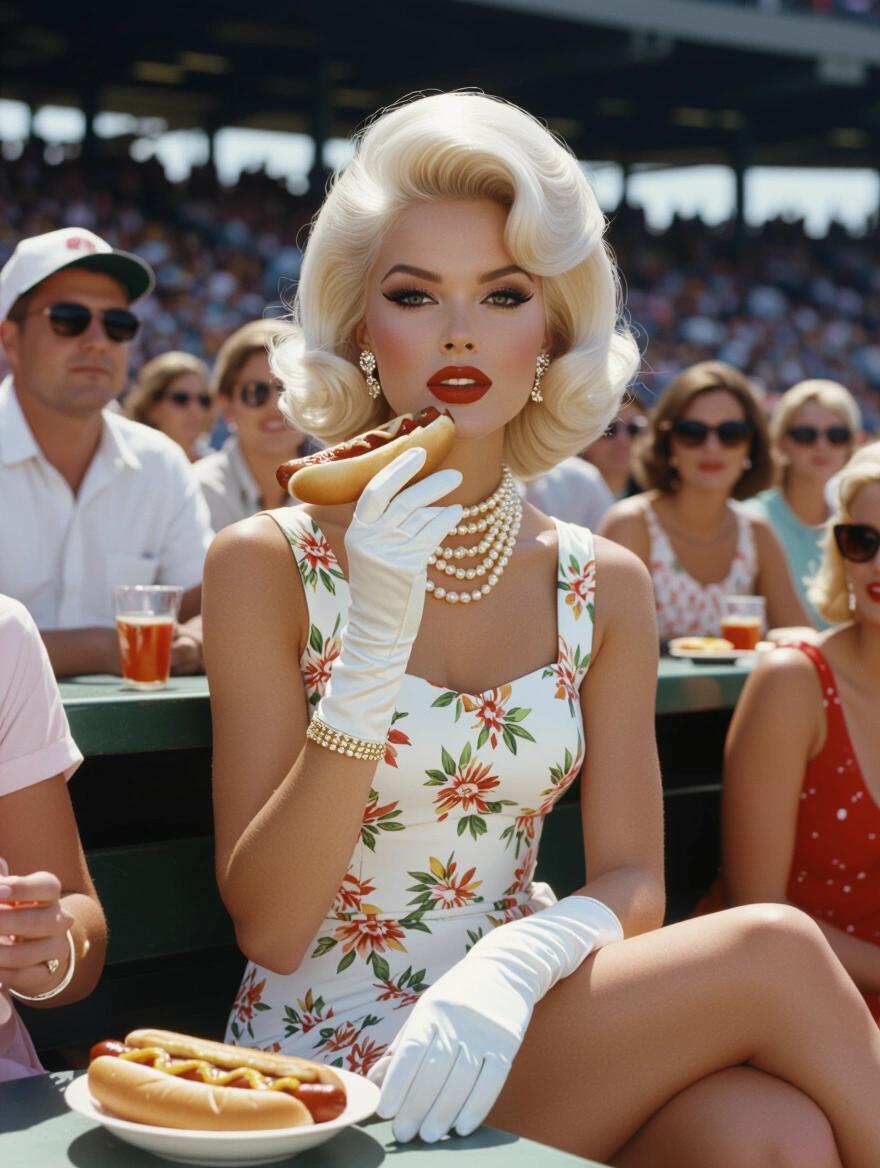 Stunning portrait of a woman from the 1960s with voluminous blonde hair. She wears a floral sun dress and holds a hotdog at a baseball game. Many spectators are present. Her makeup is flawless. Accessories include gloves and high heels. The image reflects the style of Slim Aarons photographs.