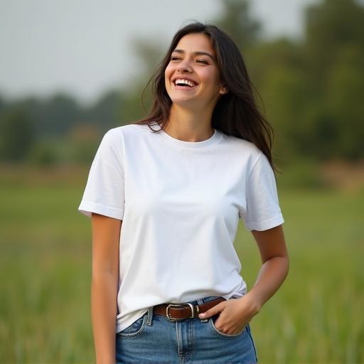 A woman is wearing a basic white t-shirt with jeans. She is laughing outdoors. The scene is bright and natural. This image is suitable for t-shirt mockup.