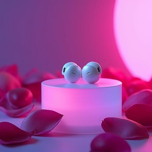 Generate a product image featuring a pair of pearl-like in-ears headphones placed on a transparent silk-like podium surrounded by cherry petals illuminated by purple neon light.