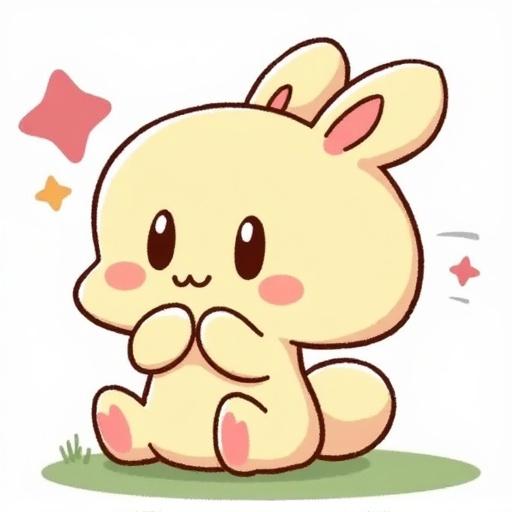 A cute cartoon rabbit sitting happily. The rabbit has big ears and rosy cheeks. The design is simple and colorful.