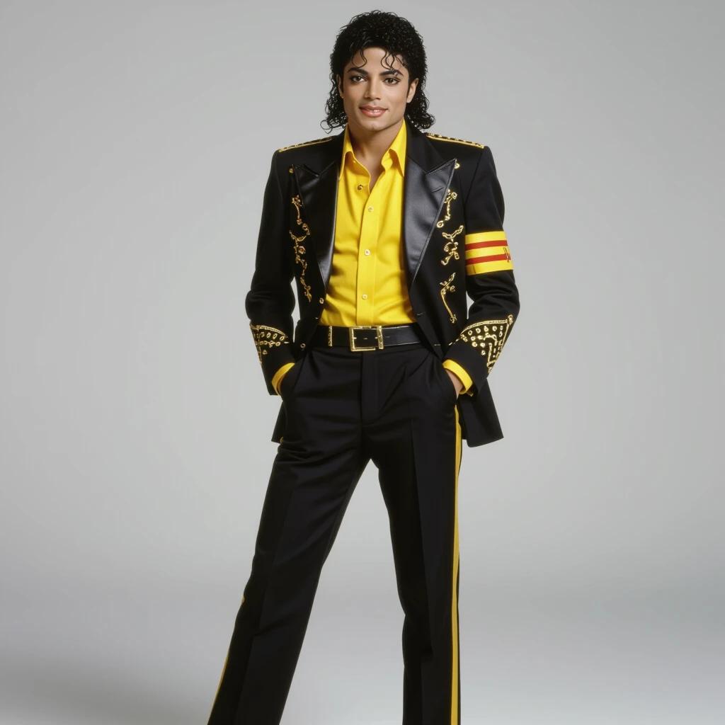 Michael Jackson wears a black suit with gold details and a yellow shirt. His hairstyle curls and he stands confidently.