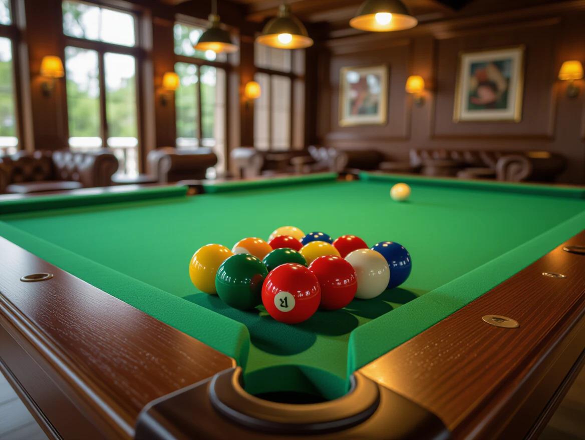 Glossy pool table displays colorful billiard balls arranged neatly. High detail of green felt texture with shallow depth. Dramatic lighting creates reflections on polished surface. Sleek wooden edges frame the table. Modern luxurious indoor game room appears in background. Warm ambient lighting highlights premium decor with leather furniture and marble floors. Cinematic angle enhances visual appeal.