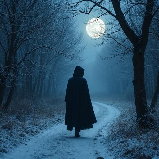 Fog dances like an ancient spirit among trees in enchanted forest. Soft moonlight casts over a cloaked figure walking slowly on winding path with roots whispering forgotten names. Dark cloak decorated with silver threads billows gently. In hand, a staff carved with ancient runes marks rhythm of footsteps on damp ground. Surrounding, bright eyes of magical creatures watch from bushes, curious yet hesitant. Air scented with wet earth and dormant spells. Walkers' heart harbors a secret, seeking a name, a memory, a promise made under same moon many winters ago. The wise, silent forest recognizes them.