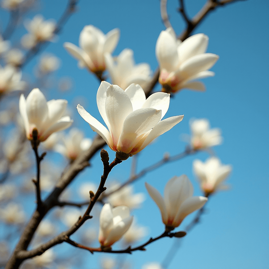 A close-up of light pink magnolia blossoms on branches set against a bright blue sky.