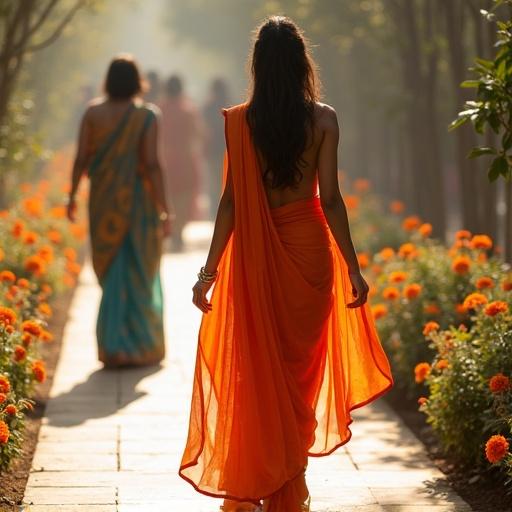 A stunning woman walks through a pathway lined with vibrant flowers wearing an orange sari. She carries herself with grace and confidence. Soft sunlight highlights the details of her attire. Other women in colorful saris walk in the background. The scene represents a mix of tradition and elegance.