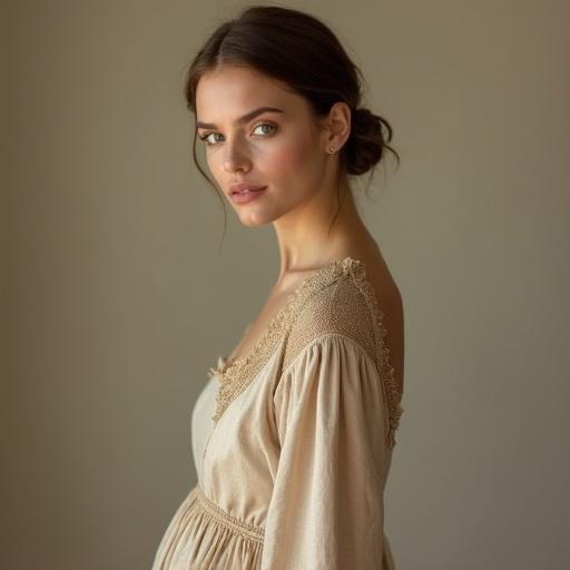 Full-body portrait of a beautiful 25-year-old European village woman in a graceful standing pose. She is turned slightly to the side in a 3/4 view. Features an elegant face with refined characteristics porcelain-like skin warm almond-shaped eyes and neatly tied brown hair. Wears a simple linen dress in earthy tones flowing to the ankles. Displays confidence dignity and a serene expression with soft lighting highlights.