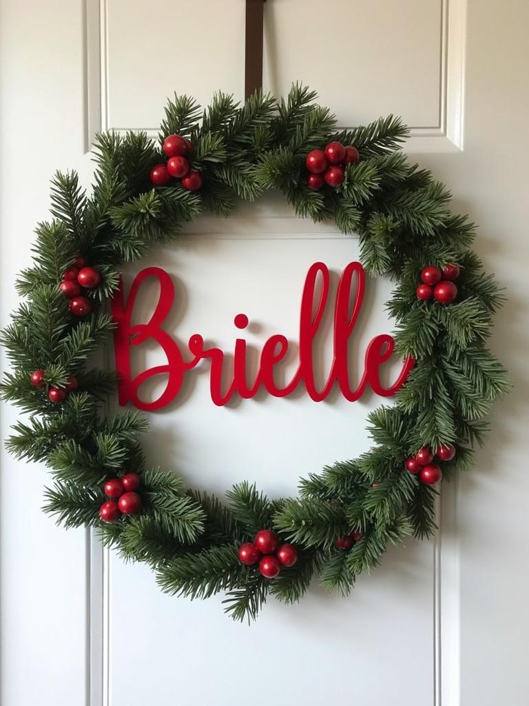 A Christmas wreath featuring the name 'Brielle' in stylish red lettering. Surrounding the name are pine branches and red berries. The wreath is placed on a door, showcasing a festive and personalized decoration.