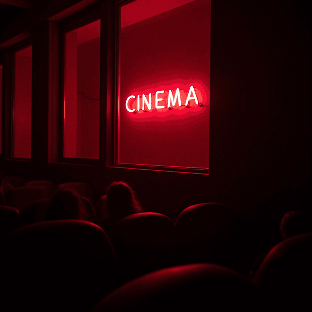 A red neon sign reading 'Cinema' casts a warm light in a dark theater.