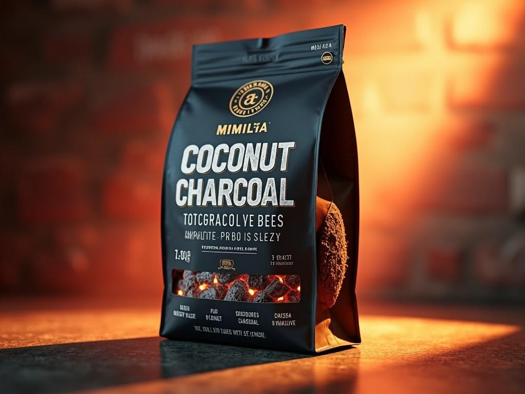 An artistic product image of a coconut charcoal package is set against a vibrant background reminiscent of vintage movie posters. The packaging showcases a sleek and modern design, highlighting its premium quality. It emphasizes features such as low ash and long burn time. The background includes bold vintage typography and cinematic effects, creating a dramatic and nostalgic atmosphere. The product package is strategically placed in the foreground and illuminated by a soft spotlight, drawing attention as the focal point of the scene.