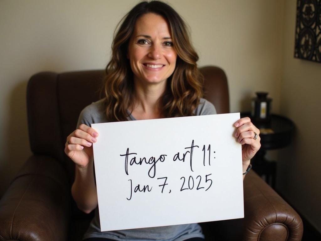 The image shows a woman seated comfortably in a casual setting. She is holding a sign that reads 'tango art 11'. Below the text on the sign, the date 'Jan 7, 2025' is added in a simple, elegant font. The room has soft lighting, creating a warm atmosphere, and there is a decorative element visible in the background. Her hair is long and flowing, adding to the relaxed vibe of the scene. The overall mood conveys a sense of artistic expression and personal connection.