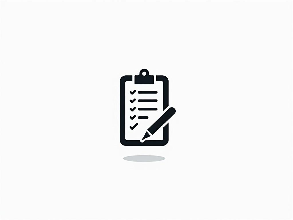 A minimalistic black and white icon showing a checklist with a pen, suitable for apps or websites focused on task management or productivity.