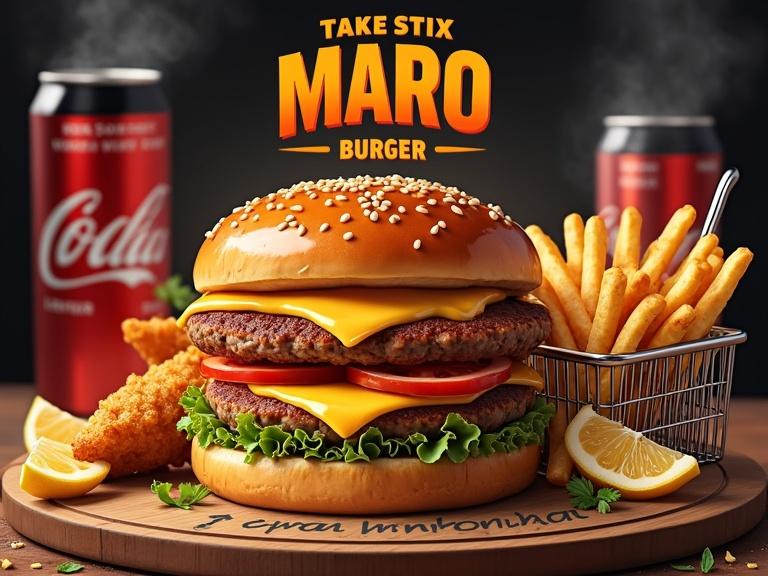 A vibrant and mouthwatering hamburger with a glossy bun and melted cheddar cheese. Fresh lettuce and tomato slices peek out. Crispy French fries in a metallic basket beside it. A condensation-covered can of Coca-Cola nearby. 'MARO Burger' text in bold font above, set on a rustic wooden table.
