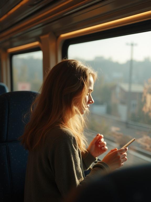 Beautiful woman focused on mobile device while traveling on a train. View from behind showcasing the tranquil travel atmosphere.