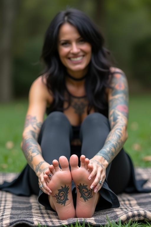 Mature goth woman displays tattooed soles of her bare feet. Sitting on a blanket outdoors. Feet prominently featured with detailed tattoos. Smiling expression.