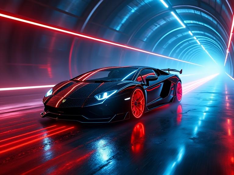 Futuristic black Lamborghini in a spiral tunnel at night. Vibrant deep blue and neon red-orange yellow lighting effects. Car with laser light wheel rims leaves a long laser light trail. Strobe laser beams from front lights. Fog and rain effects create a moody atmosphere. Tunnel spirals endlessly.