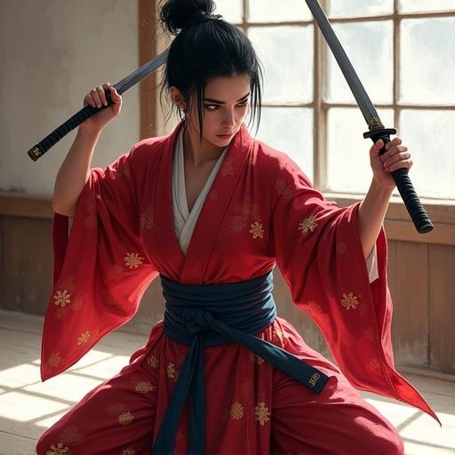 Fierce female warrior with black hair tied back. Flowing red kimono with gold patterns and dark blue sash. Holding two short blades in low fighting stance. Dojo with wooden floors and textured white walls. Digital painting inspired by traditional Japanese art. Balanced lighting and subtle shadows. Focus on warrior's pose and intensity. Intricate kimono details, determined expression, training.
