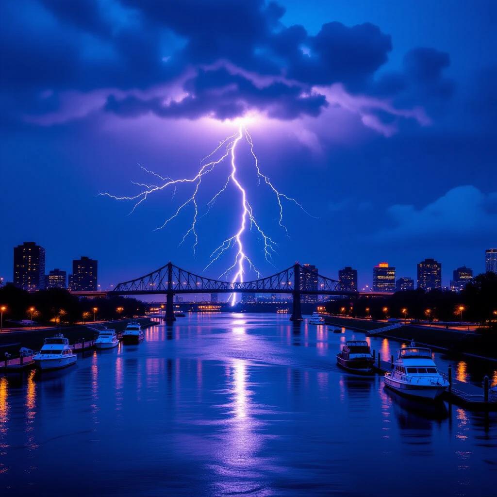 Dramatic scene of a lightning strike illuminated over a river. Foreground includes moored boats along the riverbanks. Reflection of lightning bolt visible on the water. Large suspension bridge spans the river silhouetted against dark stormy sky. Cityscape in background features urban buildings and illuminated streetlights. Ominous clouds enhance the storm atmosphere.