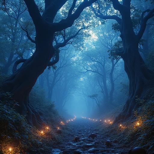 An expansive ancient forest with colossal trees and gnarled branches. The sky is perpetually twilight. Glowing flora illuminates the forest floor. Shadowy creatures move silently. The atmosphere exudes deep mystery and ancient magic.