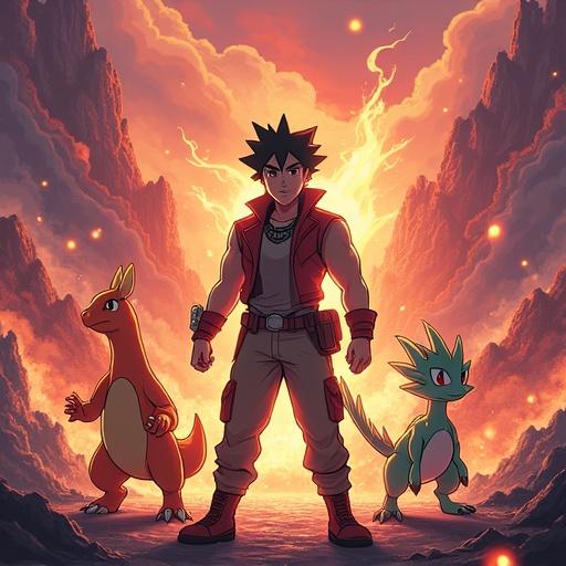 Epic game cover for Pokémon Blaze Online. Heroic Pokémon Trainer in confident pose. Popular Pokémon Charizard, Lucario, and Gardevoir featured. Background combines Pokémon regions: Sinnoh snowy peaks, Hoenn beaches, fantasy region Jvaloh with volcanoes and forests. Dynamic flames, sparks, and light rays present. Subtle UI elements like health bars and battle menus included. Warm color palette with retro pixel-art and modern lighting effects.