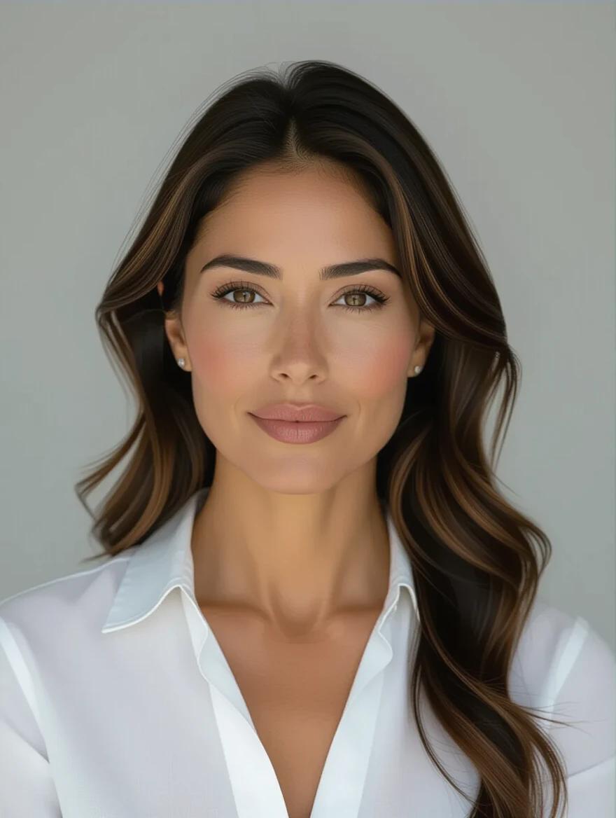 Realistic image of a 40-year-old Mexican woman. She has light skin and dark hair. Hair falls around her shoulders. She has soft facial features with defined lips and nose. Her eyebrows are naturally arched. She has an upright and relaxed posture. The look is clean, elegant, and professional.