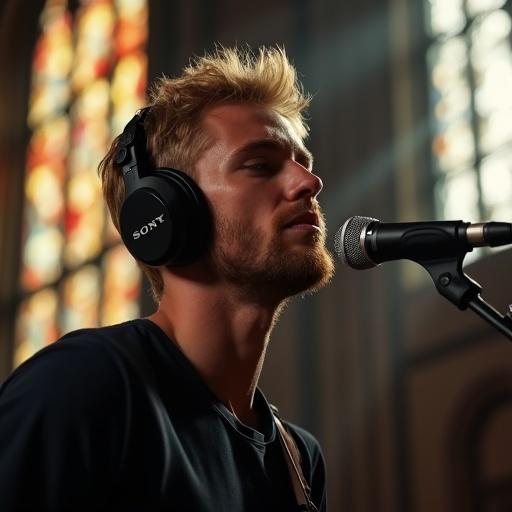 A close-up portrait shows a male musician performing live. He sings into a dynamic microphone while playing guitar. He wears black Sony studio headphones. The musician is focused with an emotional expression, slightly furrowed brow, and tousled short blonde hair. He has a dark shirt reflecting warm light. Background features tall arched stained-glass windows with diffused sunlight. The interior appears like a historic cathedral. Scene includes cinematic lighting, shallow depth of field, realistic skin texture, slight lens bloom. Dust particles create a warm nostalgic feel. Photorealistic and hyperdetailed.