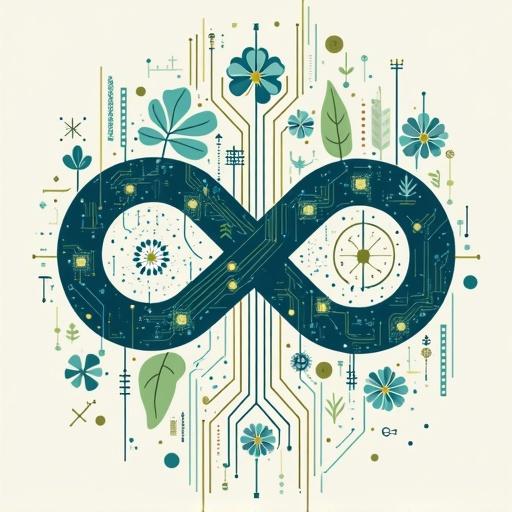 Abstract representation of AI in hotel management using stylized circuit board and infinity symbol. Integrate abstract patterns with organic floral elements in cool blues and greens. Showcase modern minimalist design focusing on innovation and growth. Reflect influences from Bauhaus and Swiss design.