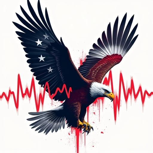 Patriotic eagle design features red heartbeat line with stars and stripes. Eagle symbolizes American freedom. Suitable for Independence Day and Veterans Day. Standout design for freedom lovers.