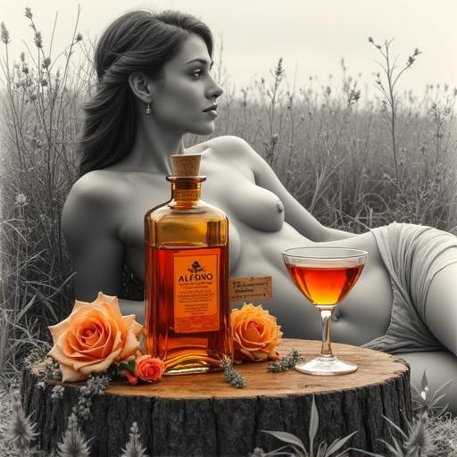 A selective color art piece with bright golden-reddish hues against a monochrome background. A close-up shot of a lower apothecary-style bottle labeled 'ALFRUNO' on a rustic wooden plate. A beautiful woman reclines, her shoulders bare, wearing a silk wrap. The bottle emits a golden-reddish glow with a cork lid and an elegant tag. Two cocktail glasses flank the bottle. Surrounded by roses and herbs. Created as a high contrast sketch with perfect composition.