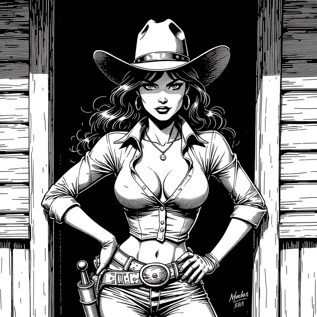 Female character inspired by Mike S. Blueberry. Character stands confidently at saloon entrance. Black and white ink comic style reminiscent of Milo Manara. Cowboy attire with detailed features.
