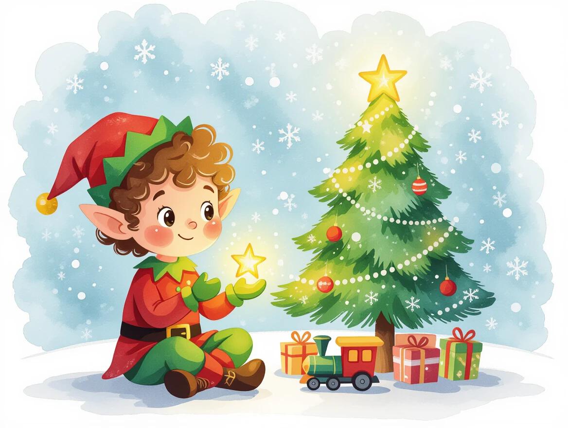 A cheerful little boy elf with curly hair and pointy ears sits cross-legged in front of a Christmas tree. He holds a glowing star. He wears a red and green outfit. A toy train circles the tree. Snowflakes fall gently. The artwork is vibrant with soft lines and gentle watercolor effects.