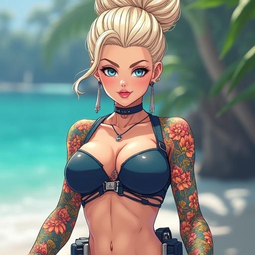 Anime character portrayed as a woman standing on a scenic beach. Features include frosted blue eyes, oversized light blonde high bun, and pierced ears. Wearing modern punk fashion with colorful Japanese tattoos. The character embodies an A-list celebrity persona with confidence.