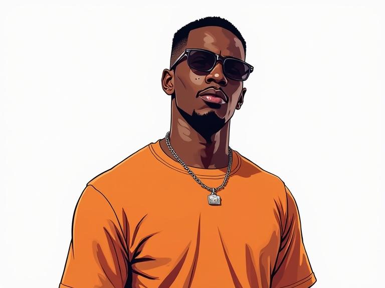 Confident Black male rapper in a digital illustration. Full frontal view. Styled like a Grand Theft Auto video game loading screen. Character fully illuminated with even brightness with no shadows. Wearing a solid-colored t-shirt with no prints or accessories. No background or objects. Highly detailed illustration with bold outlines and vivid colors.