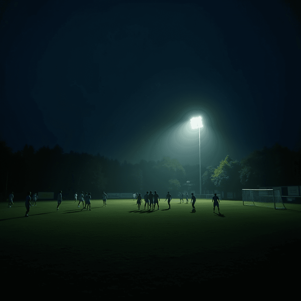 Silhouetted players on a soccer field under the glow of bright stadium lights.