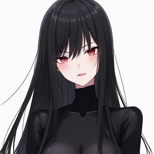 Anime-style image of a female semi-human character from the demonic race. She has white skin, a slim Asian body, very long black hair, and is dressed in an all-black outfit. Serious expression on her face.