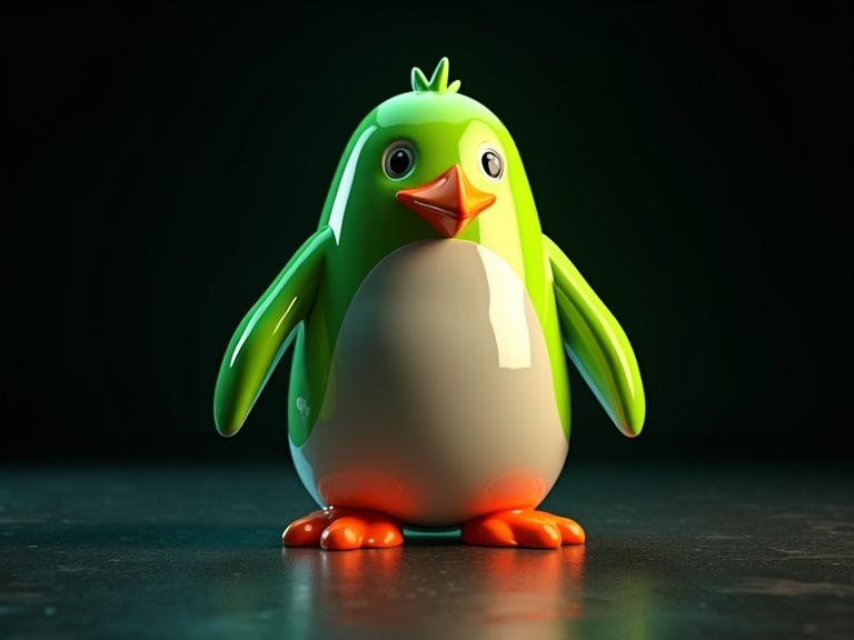 3D animated penguin design in neon green and orange colors. Glossy finish with a dark background. Adorable figure with large eyes and a friendly expression. High-contrast colors create a vivid appearance.