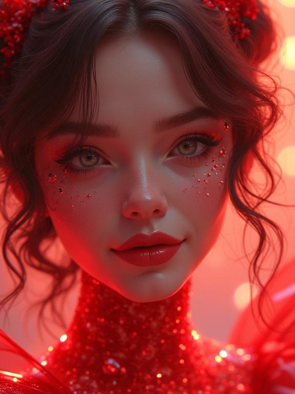 Hyperdetailed portrait featuring a female model with a captivating smile in a red-themed setting. Background includes abstract sparkle elements. Face adorned with subtle makeup and artistic details.