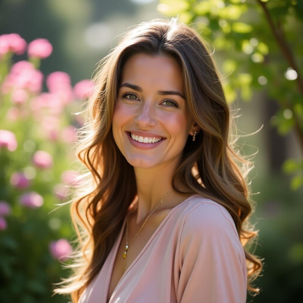 This image features a smiling woman with beautiful, long hair, standing outdoors amidst soft pink flowers. She is wearing a light-colored top, exuding a sense of warmth and happiness. The natural lighting highlights her features beautifully, enhancing her joyful expression. The blurred background adds a dreamy quality, making the subject the focal point. Perfect for lifestyle themes, this image conveys a feeling of joy and positivity.