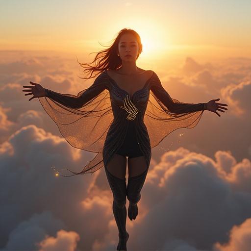 A superhero representing Singapore Airlines floats above a cloud layer. The setting is twilight with a cloud background. Dressed in a dark navy and gold exo-suit. The suit has digital patterns inspired by the sarong kebaya. Her eyes radiate calm energy. The Singapore Airlines emblem pulses softly on her chest. Golden city lights glimmer below. The suit emits golden trails. She extends her arms. Mood is elegant and strong. Visual style is dreamlike and cinematic.