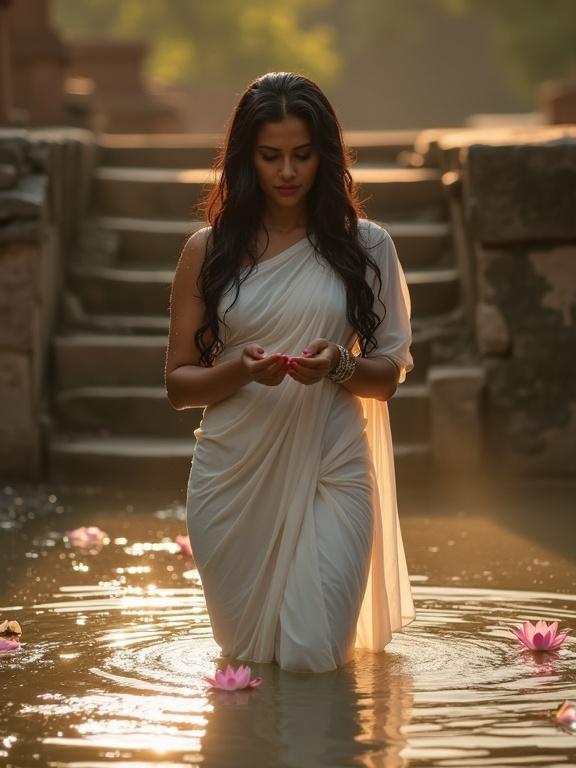 Beautiful woman standing waist-deep in ancient temple pond at dawn. She wears a translucent white sarong that highlights her form modestly. Water droplets on her shoulders. Long dark hair flowing. Holding water in her hands, surrounded by pink lotus flowers. Weathered stone steps lead into the water. Peaceful atmosphere with morning mist. Professional photography focusing on natural elements.